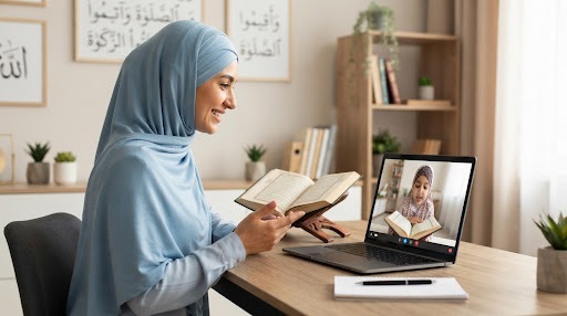 A dedicated female Muslim teacher wearing a graceful hijab interacting warmly with a young girl student over a laptop during an online Tajweed recitation session, clean bright modern interior with Islamic calligraphy art on the wall