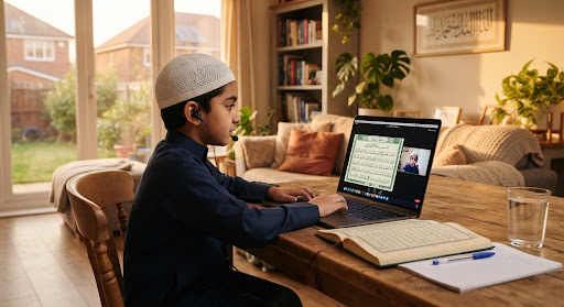 A focused young Muslim child wearing traditional attire learning Quran recitation via an illuminated laptop screen in a warm contemporary UK living room, soft ambient golden hour light, peaceful and inspiring educational mood