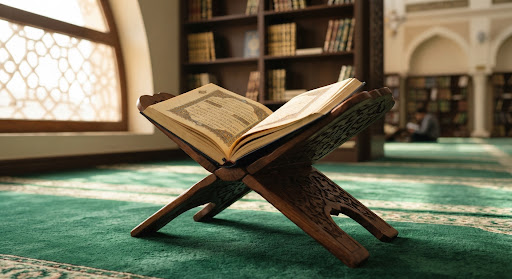 An ornate open Holy Quran with illuminated golden Arabic calligraphy lying on an authentic carved wooden rehal book stand in a peaceful sunlit mosque library, serene spiritual atmosphere with warm ambient morning light and emerald green carpets.