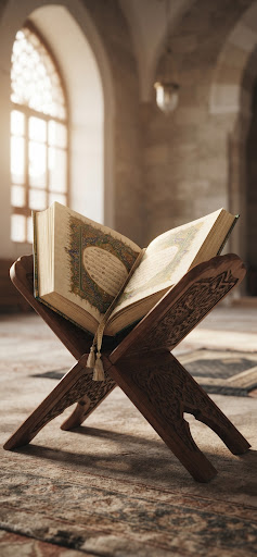 An ornate open Holy Quran with gold and deep green illuminations resting gently on a traditional carved wooden Rehal stand, soft morning sunlight casting spiritual warmth on parchment paper, serene sanctuary atmosphere