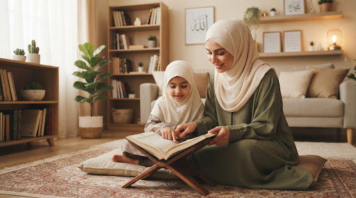 A tranquil family study environment where a mother and child recite the Holy Quran under soft ambient light, warm cream and green tones, contemporary corporate islamic education style