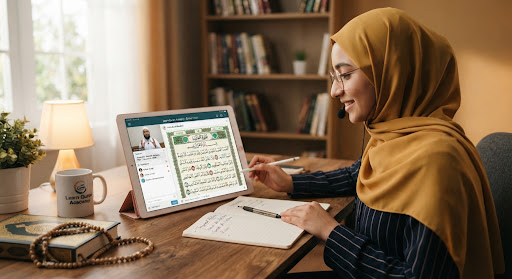 A modern student using a tablet to attend an online Quran recitation class with an authentic digital manuscript layout on screen, serene study desk with warm golden highlights