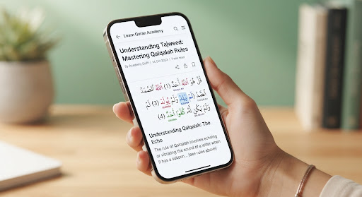 Close up of Arabic typography on a modern display screen showing Tajweed rules with color codes, professional aesthetic, serene green background