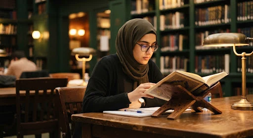 A focused student reading an illuminated Mushaf Quran under warm golden ambient library lighting with dark forest green bookshelves in the background