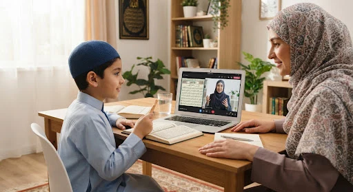 A young Muslim child and parent sitting at a wooden desk with a laptop screen displaying a live online Quran lesson with a qualified teacher in traditional attire