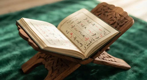 Close up photograph of an open Noorani Qaida and Arabic alphabet primer book resting on a carved wooden rehal stand, warm gentle morning sunlight, emerald green velvet background, shallow depth of field, high educational quality
