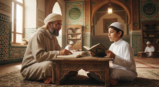 A focused young student reciting the Holy Quran with a dedicated Hafiz tutor in an authentic Islamic academy setting, warm ambient lighting, peaceful reverent mood, green and amber architectural tones