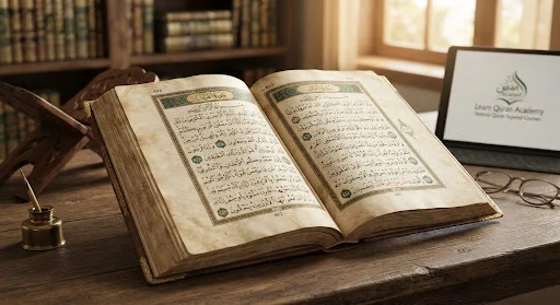 Open Holy Quran manuscript displaying classical calligraphy on aged parchment paper, resting gracefully under soft studio lighting with subtle gold and green ornamental illumination