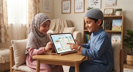 Happy young Muslim boy and girl studying Quran on an interactive digital tablet with colorful Islamic learning illustrations, warm homely room with soft lighting, educational and cheerful vibe
