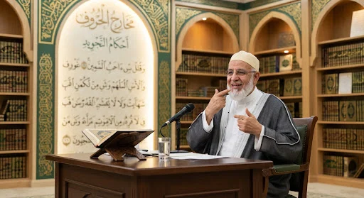 An expert Quran scholar demonstrating articulation of Makharij with Arabic calligraphy of Tajweed rules behind him, majestic green and gold library background, serene scholarly ambiance