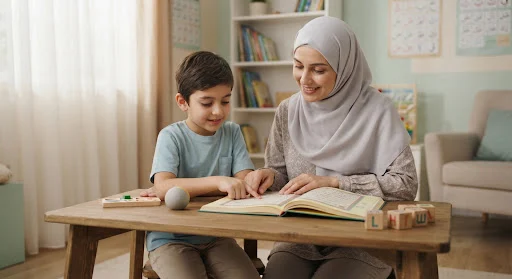 A gentle female Islamic tutor patiently teaching a child with neurodiverse sensory needs using calm soothing visuals and supportive gestures in a quiet warm learning room