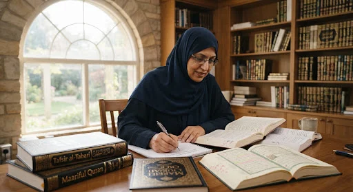 A dignified female Islamic scholar wearing modest hijab reviewing Quran translation and commentary books with pen and notepad, soft daylight pouring through an arched window, serene intellectual setting
