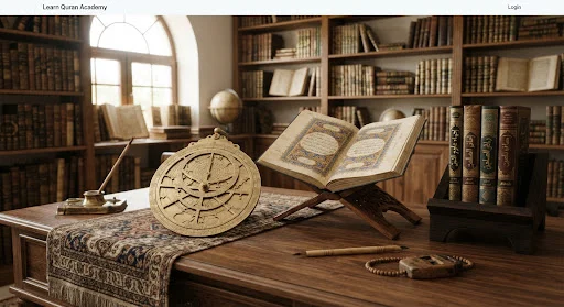 Traditional Islamic brass astrolabe, illuminated Quran parchment, and authentic Islamic ethics books resting in a warm wooden library study room, refined historical scholarly aesthetic