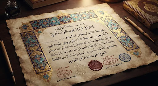 Handcrafted Islamic Ijazah certificate parchment scroll with ornate gold leaf illumination and traditional Arabic calligraphy seals, symbol of authentic scholarly transmission
