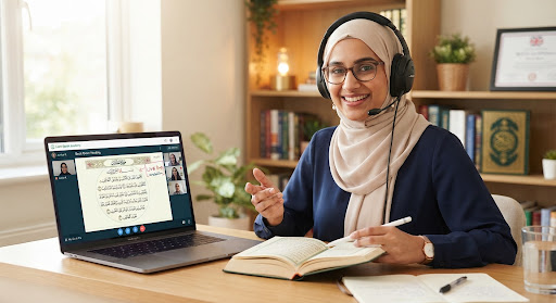 Online Quran teacher guiding a young learner