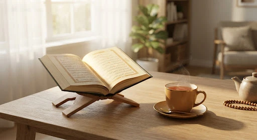 Open Holy Quran glowing gently under morning sunlight next to a cup of warm tea on a minimalist wooden dining table, peaceful daily morning recitation routine