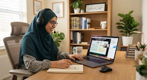 An adult Muslim professional sitting comfortably with headphones engaged in a deep online Quran reflection seminar on a laptop, serene modern home office background