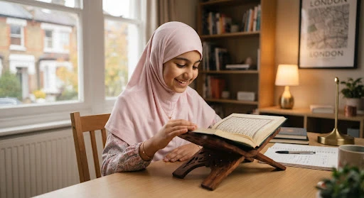 A smiling young British Muslim girl wearing a soft pastel hijab sitting at a tidy study desk in London, reading from an open Holy Quran placed reverently on a wooden rehal stand, warmly illuminated by natural daylight and gentle ambient lamp, feeling peaceful and engaged in learning.