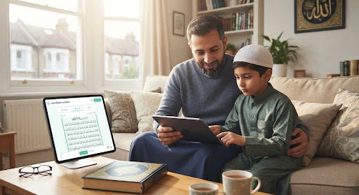 An affectionate Muslim father and his eight-year-old son studying the Holy Quran together on a tablet screen in a bright London living room, soft warm afternoon light, respectful Islamic atmosphere with modern educational setting.