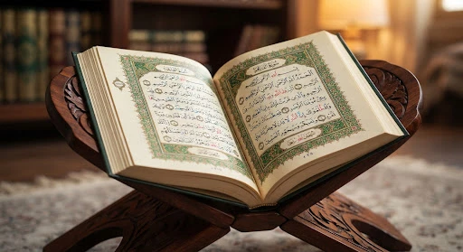 Close up shot of an exquisite open Quran with ornate green and gold gilded borders, showing clear Arabic calligraphy with Tajweed colored markings, placed on a mahogany bookstand with warm ambient backlighting.