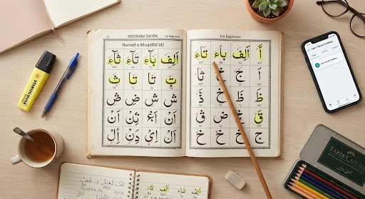 A clean top-down view of Noorani Qaida beginner book with highlighted Arabic alphabet letters, phonetic guidance markings, wooden pointer stick, surrounded by warm student study stationery.