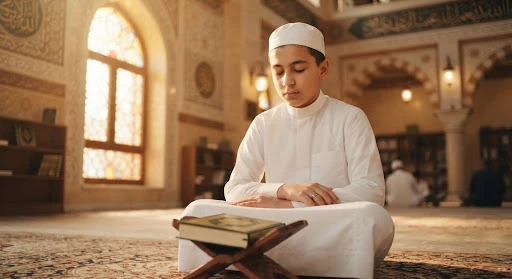 A serene focus portrait of an adolescent boy wearing a white thobe, eyes gently closed while memorizing the Holy Quran by heart with sincere devotion, golden spiritual sunlight filtering from a mosque window.