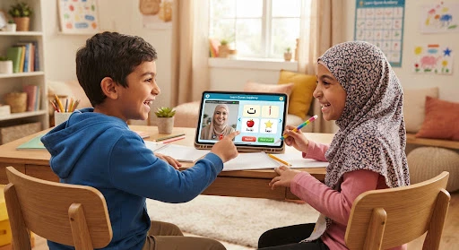 Two cheerful young siblings in modern cozy room learning Arabic words from colorful interactive tablet with their friendly online female Quran tutor on screen, vibrant playful educational environment.