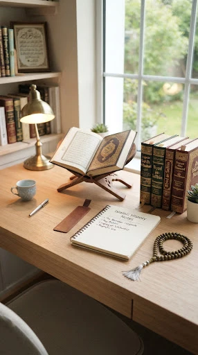 An Islamic study desk with Hadith books, decorative prayer beads (tasbih), a subtle brass lamp, and an Islamic history notebook written in clean modern English notes, inspiring spiritual learning.