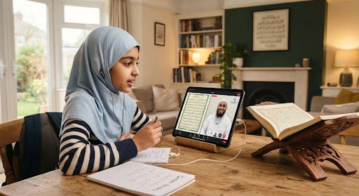 A focused young student participating in a live online Quran lesson via modern tablet in a peaceful British living room, open sacred Mushaf Quran on wooden rehal beside them, warm glowing ambient lighting, deep forest green accents, high resolution educational photography