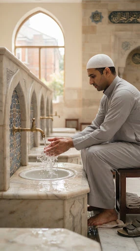 A tranquil scene of clean pure water gently splashing in an ablution wudu area at a London mosque, symbolising spiritual cleanliness and preparation for reciting the Holy Quran, soft lighting.