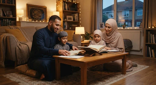 A young British Muslim family gathered in harmony for evening Quran study, warm ambient living room setting, authentic Islamic lifestyle in contemporary UK.