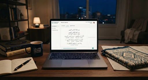 A laptop showing Arabic Quran verses with phonetic guides on a modern desk, with a prayer mat neatly placed nearby, peaceful late-night study atmosphere.