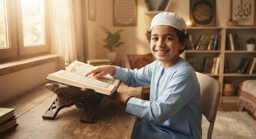 Inspiring portrait of a cheerful young Muslim boy student wearing a traditional white prayer cap kofia smiling warmly as he points at sacred Arabic verses in a holy Quran open on an ornate carved wooden rehal stand, sunbeams streaming into cozy study room, warm cream and gold tones