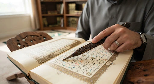 Close-up of a teacher using an ornate wooden pointer pointing at gold calligraphy Quran Tajweed vowel diacritics and Makharij markings, elegant Islamic manuscript aesthetics, soft natural studio light