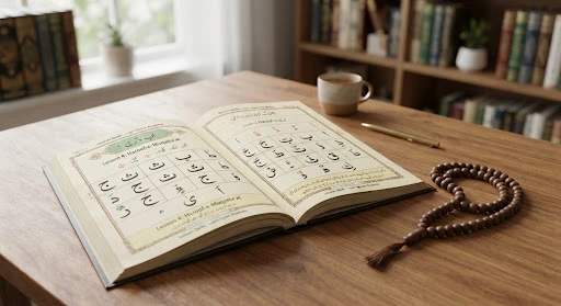 Noorani Qaida instructional primer booklet open beside smooth prayer beads on a warm wooden desk, showing clear large Arabic alphabet letters, inviting educational setting, daylight