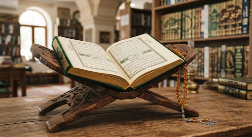 Open gold embossed green Holy Quran Mushaf resting on an antique wooden stand with amber tasbih prayer beads draped gently beside, atmospheric library setting