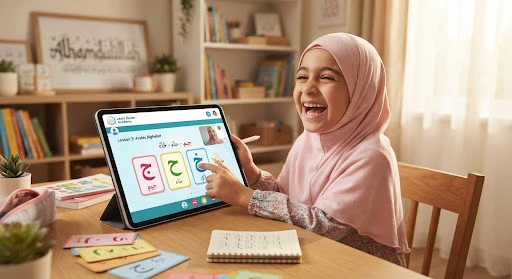 Cheerful young girl with headscarf laughing happily while engaging in an online interactive tablet lesson with colorful Arabic letter cards in a bright modern home classroom, warm sunlight