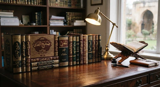 Scholarly Islamic books of Fiqh, Seerah, and Hadith arranged neatly on a polished dark mahogany desk with a warm brass lamp illuminating ornate Arabic titles, serene academic atmosphere