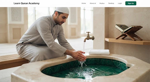 A tranquil scene of someone performing ablution wudu with clean flowing water from a stone fountain before holy Quran study, clean light aesthetic, deep emerald reflections